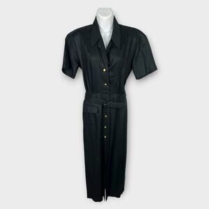 Vintage 80s Evan Picone Black Collard Linen Maxi Shirt Dress Size 4 Classic